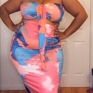 Midi skirt, tube top tie front set